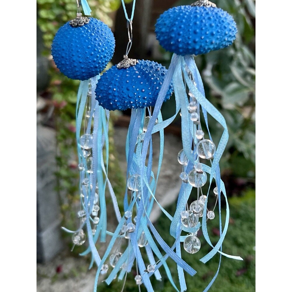 Blue jellyfish ornaments Handcrafted made with REAL Sea urchin shells (set Of 3)